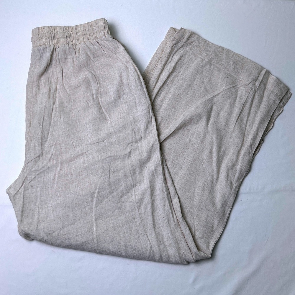 Zenana Women Linen Blend Drawstring Wide Leg Pants Size XL Oatmeal Beige Coastal
